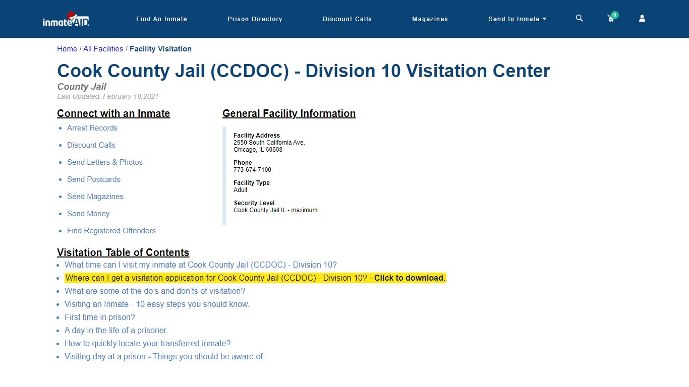 Cook County Jail (CCDOC) - Division 10 Visitation Center